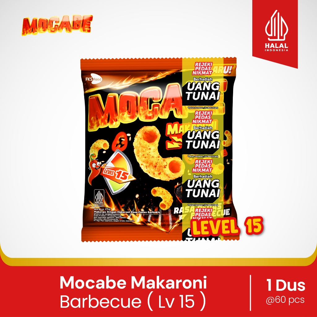 MOCABE  Makaroni LEVEL 15 Barbecue 25gr  Small Pack 60 pcs 1 Karton/Dus Jajanan Pedas Murah Grosir S