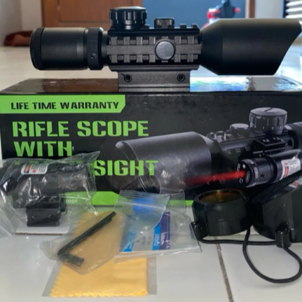 Telescope Teleskop Rifle Scope + Laser Scope ACCURATE M9 LS 3-10x42 E sangat Jernih Tahan Air
