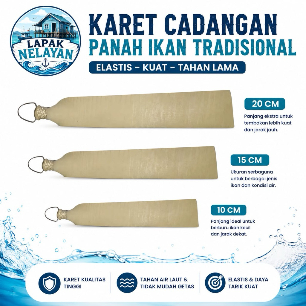Karet Cadangan Panah Ikan Tradisional Siap Pakai | 10 cm, 15 cm, 20 cm | Cantelan Stainless Steel
