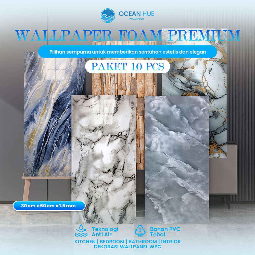 OCEANHUE - PAKET 10 Lembar Wallpaper Dinding Vinyl Marble / Stiker Keramik Marbel Granit / Ukuran 30