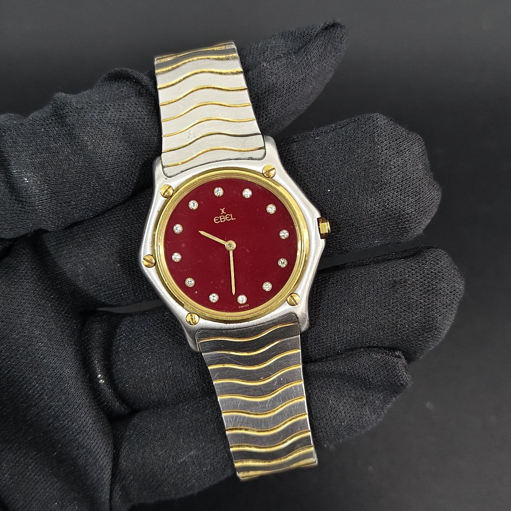 Ebel Classic Wave 181909 31mm TwoTone 18k diamond index maroon Rare dial