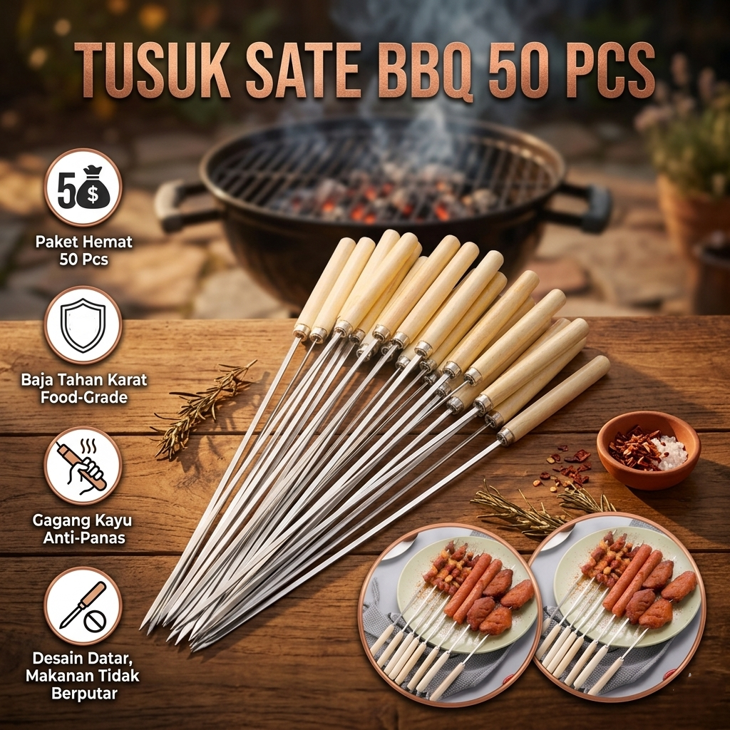 Tusuk BBQ Sate Dengan Gagang Barbeque Stainless Steel Camping / Tusuk Sate Stainless