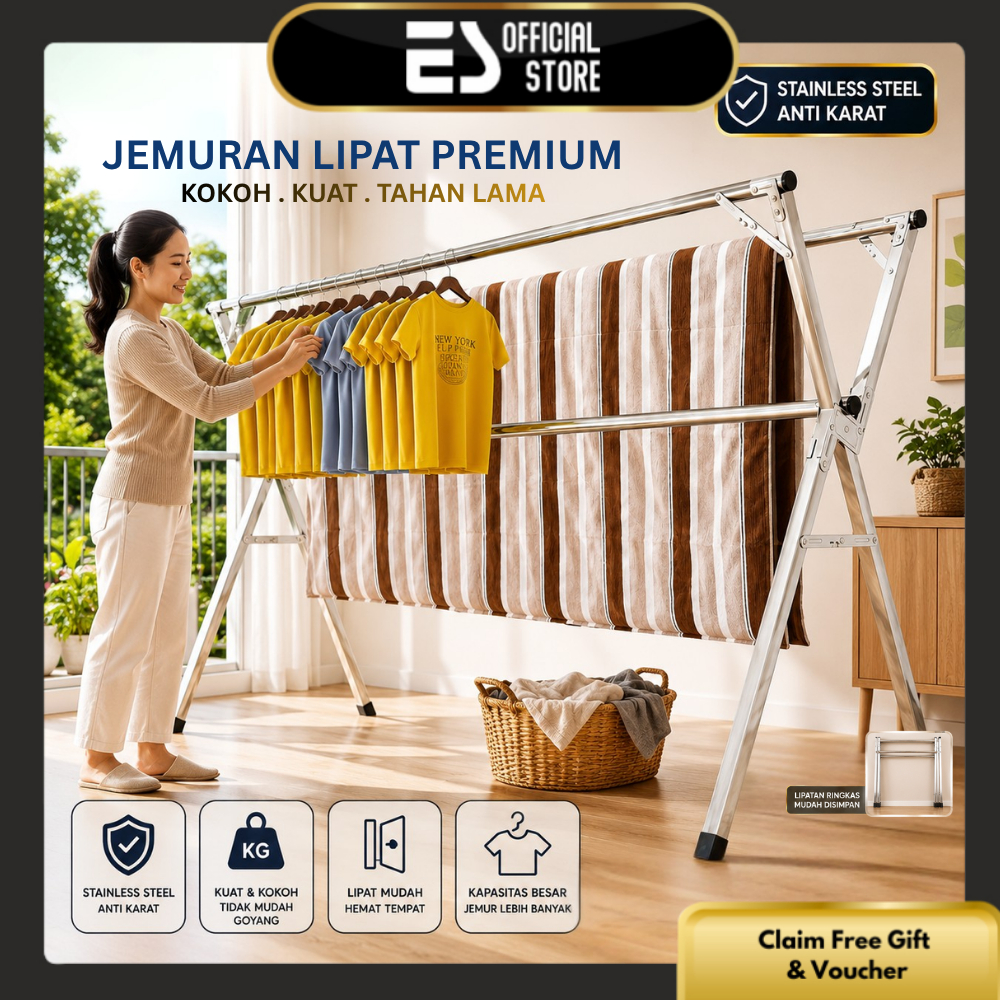 ES Rak Jemuran Baju Lipat Portable Jemuran Pakaian Lipat Basah Tahan Karat