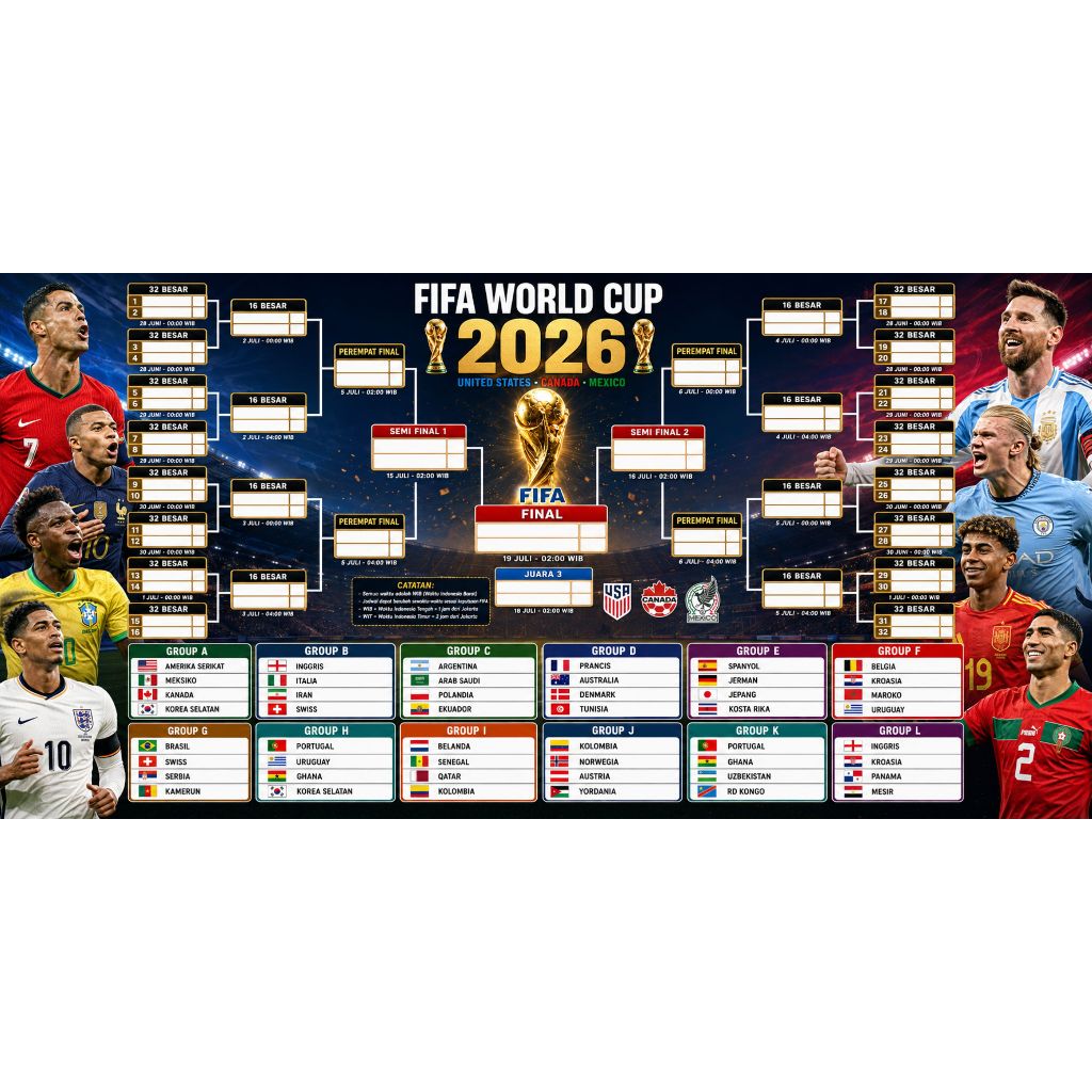 JESHILE COLECTION POSTER JADWAL PIALA DUNIA FIFA WORLD CUP 2026 A3+, 1m x 1m, 2m x 1m