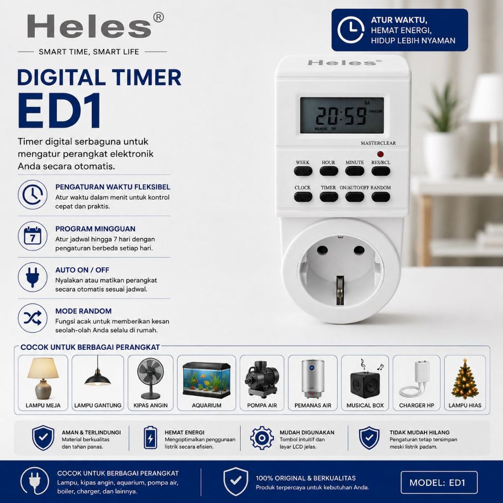 Timer Listrik - Timer Digital - Stop kontak Timer 24 Jam - Heles ED1