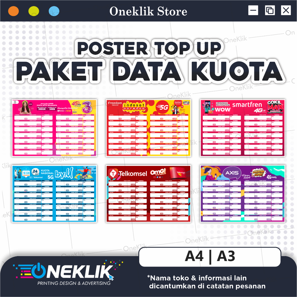 Poster Konter Daftar Harga Paket Data / Poster Paket Data Konter / Poster Provider Ivory 260