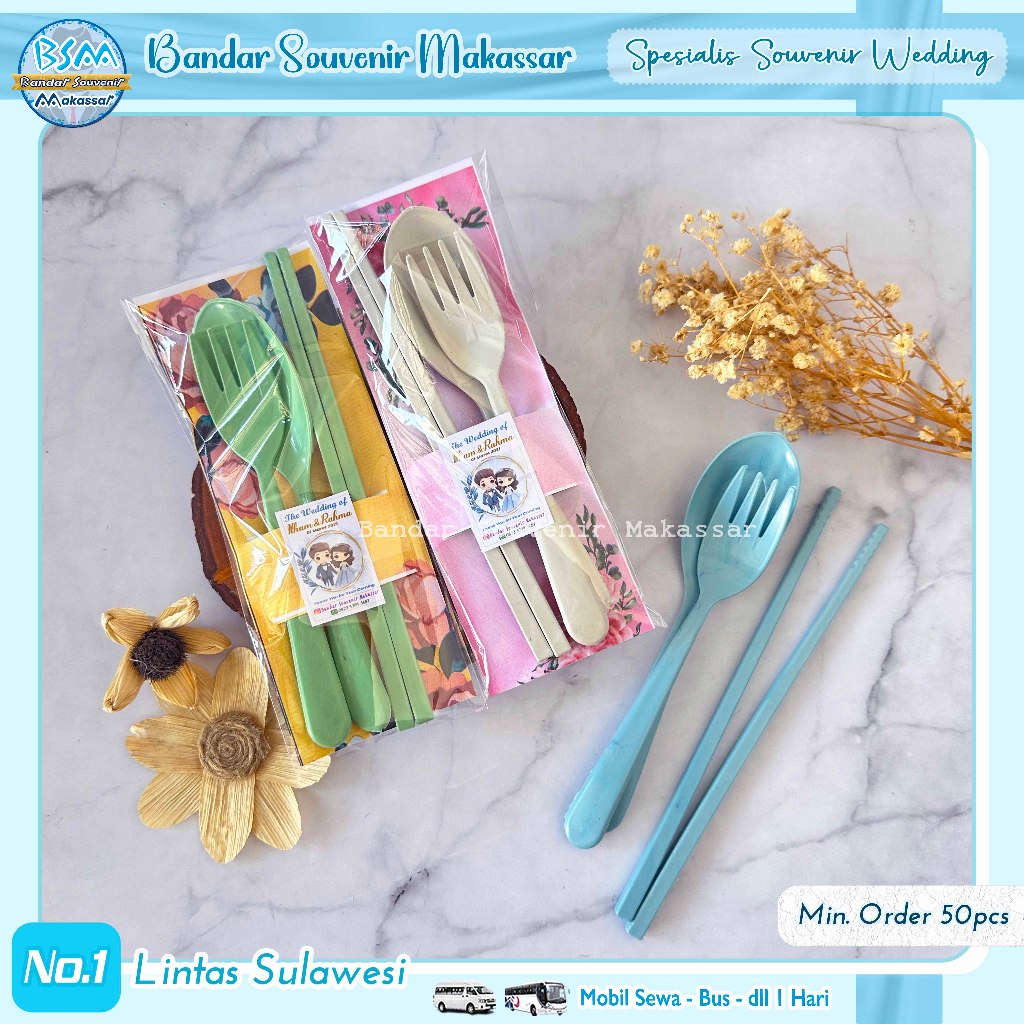 (min.order 50 pcs) Souvenir Sendok Garpu Sumpit LOKAL Set Travel Kemas ALAS Kartu Ucapan Makassar