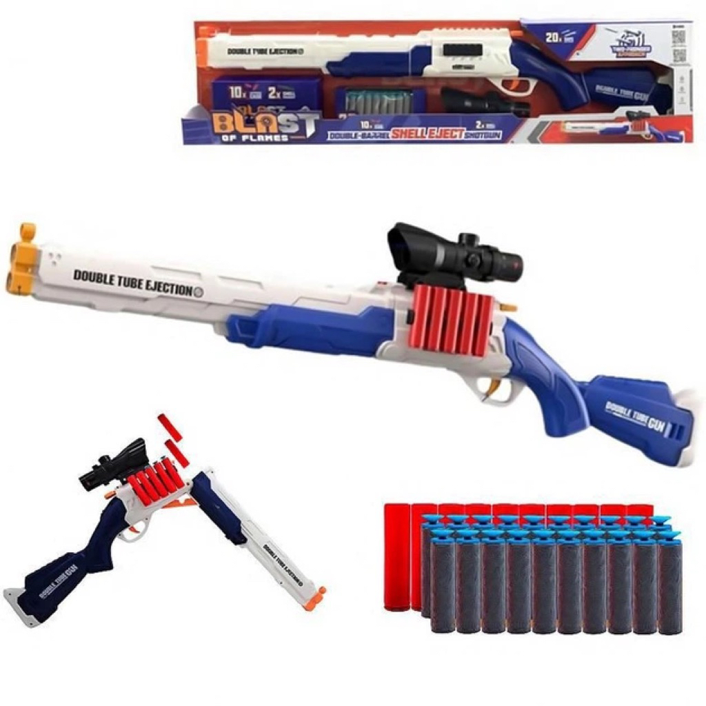Toy Studio Mainan Anak Double Barrel Toy Blaster Soft Bullet EVA Bullet Karet Shell Eject Shotgun T6
