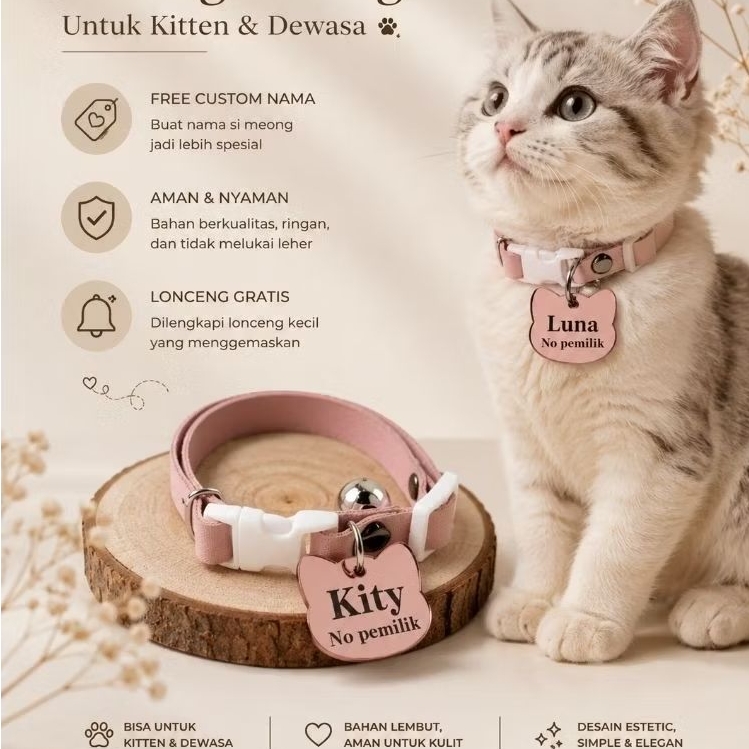 kalung kucing custom nama bentuk kepala kucing gesper putih bahan liontin akrilik rosegold
