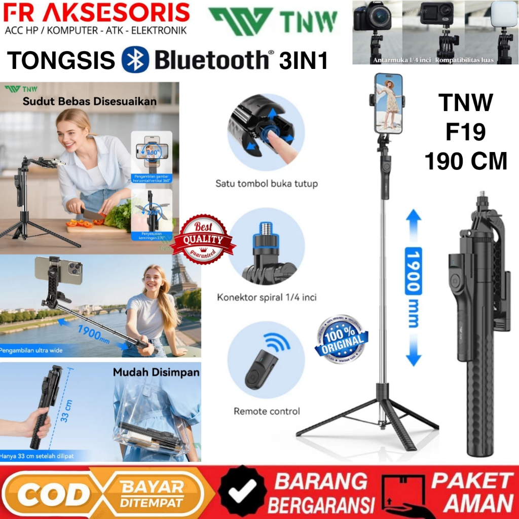 TONGSIS BLUETOOTH TNW F19 190CM Selfie Stick 360 DRAJAT Rotasi Tongsis Tripod Bluetooth Tripod HP PL