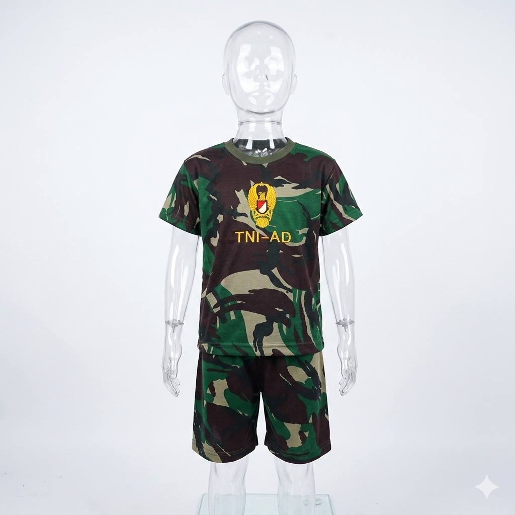 Setelan Baju Tentara Anak Laki-Laki Loreng Malvinas Pendek / Kostum Seragam TNI Cilik Kaos + Celana