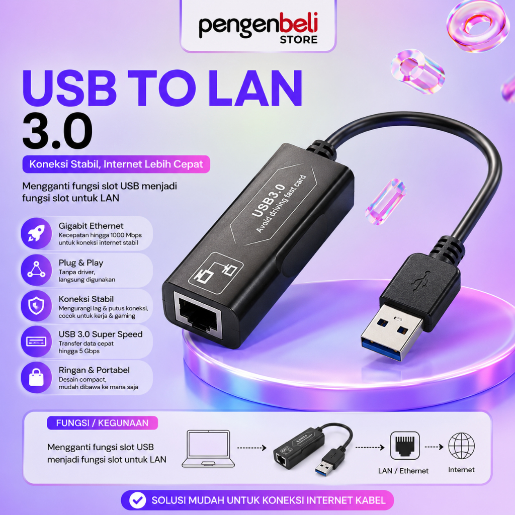CONVERTER USB TO LAN KABEL ADAPTER LAN WITH USB 3.0 KONEKTOR LAN KE USB CONNECTOR USB TO LAN PREMIUM
