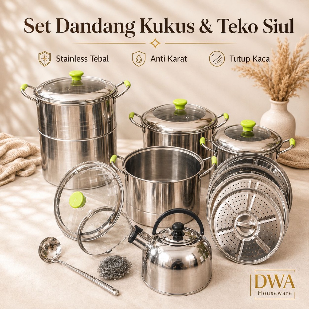 Set 4 Dandang Kukus & Teko Siul Stainless Steel Tebal Anti Karat Tutup Kaca | Panci Kukusan Serbagun