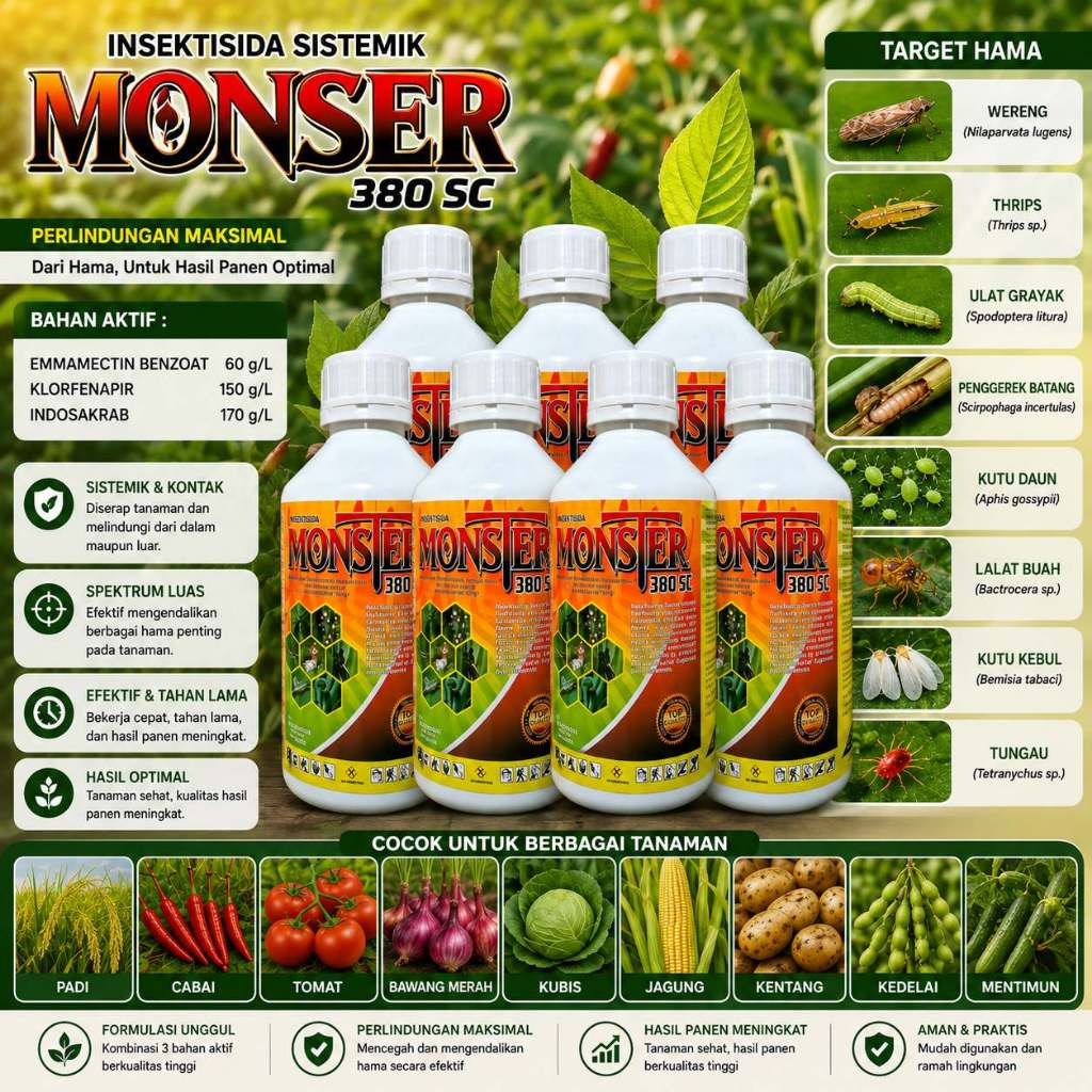 INSEKTISIDA MONSTER 380Sc 1Liter (5+1)/BAHAN AKTIF EMMAMECTIN BENZOAT,KLORFENAPIR,INDOSAKRAB BELI 5 