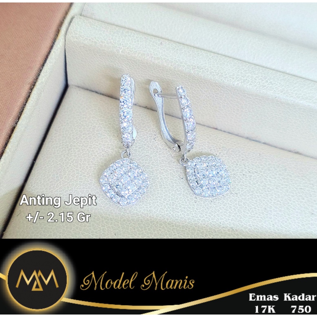 Model Manis Gold - Anting Jepit Wajik Putih - Emas 17k  750
