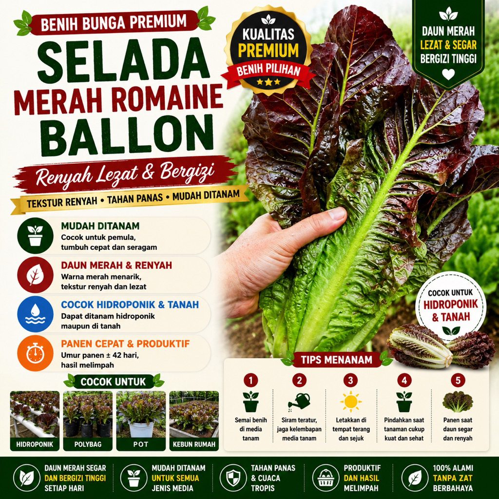 60 Benih Bibit Selada Selada Merah Romaine Ballon