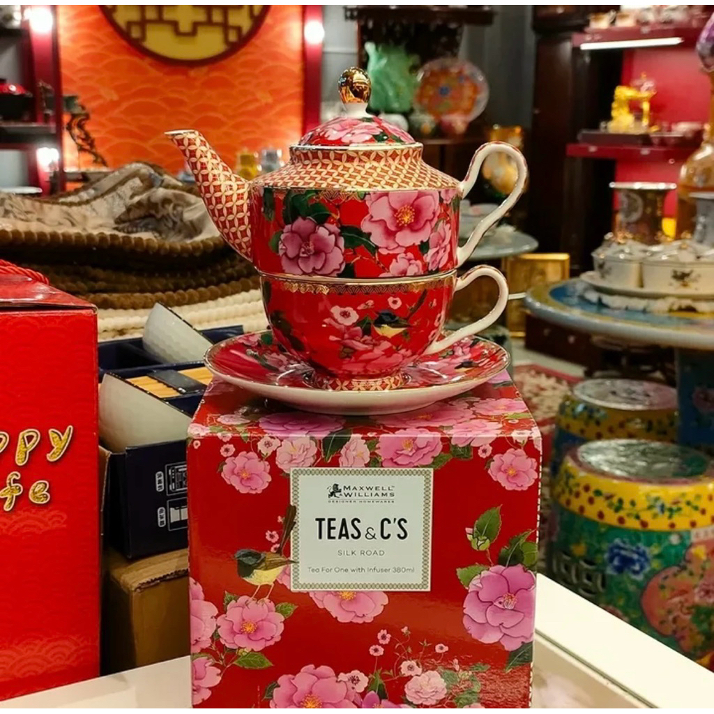Tea cup merah motif bunga/tea cup for one with infuser red