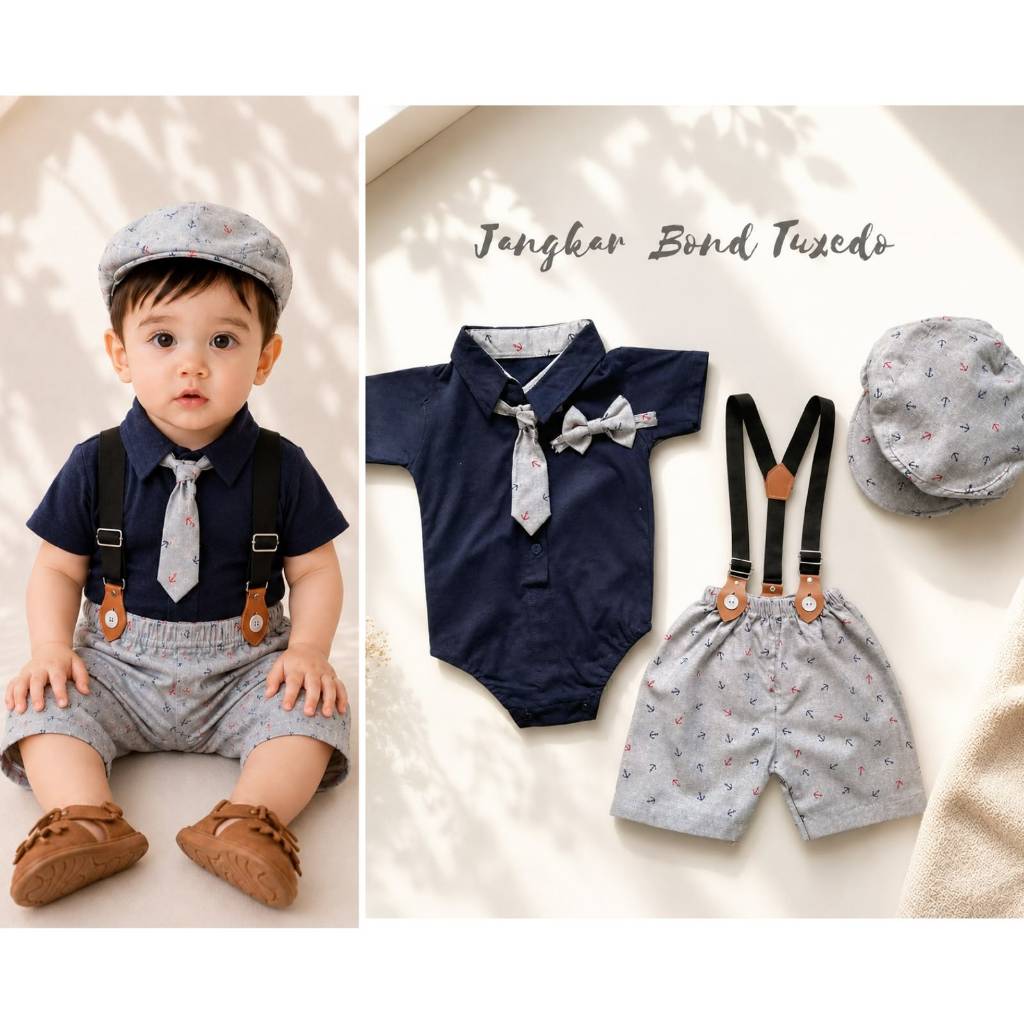 Baju Setelan Kemeja Tuxedo Celana Topi Dasi Anak Bayi Cowok 3 Layers Sam Ben At work Jangkar Peter P