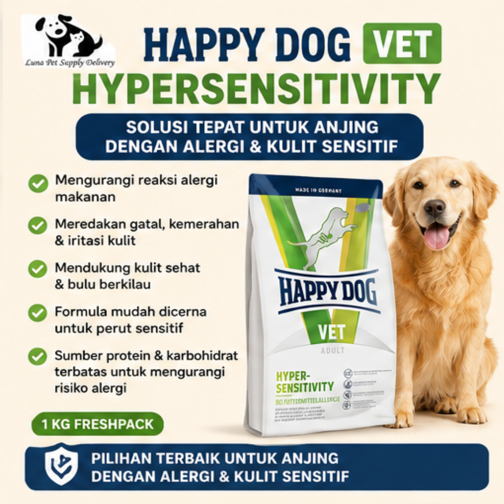 Makanan Anjing Sakit Kulit Alergi Happy Dog Vet Hypersensitivity 1 kg untuk Alergi Makanan Dog