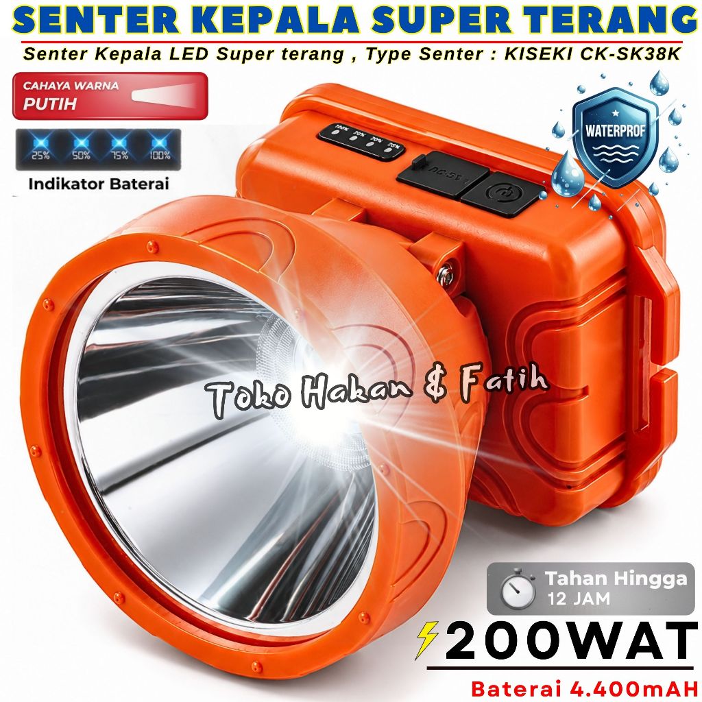 Promo~Senter Kepala LED Super Headlamp Waterprof | KISEKI CK-SK38K , Daya 200Watt , Kapasitas Batera