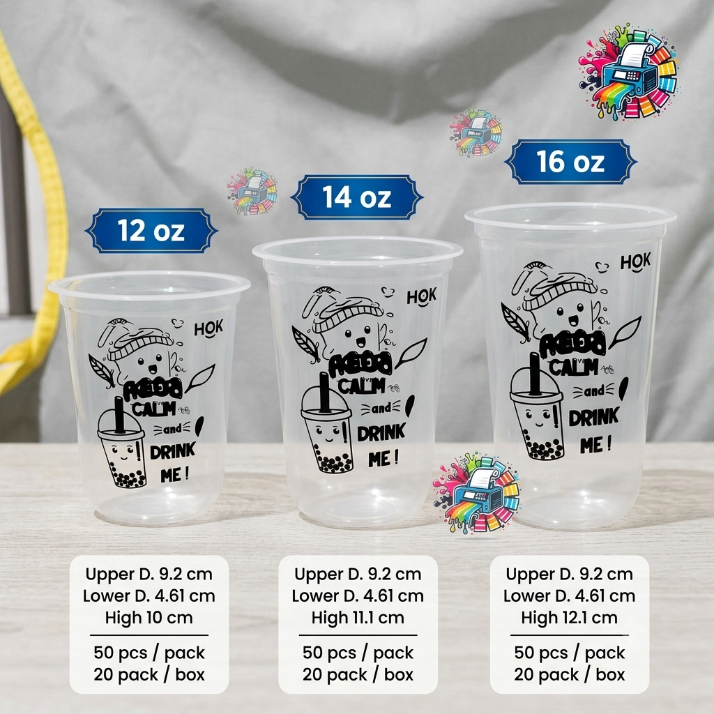 Cup Plastik Boba 12oz 14oz 16oz Oval Sablon Custom Logo 50pcs HOK Bening Tebal