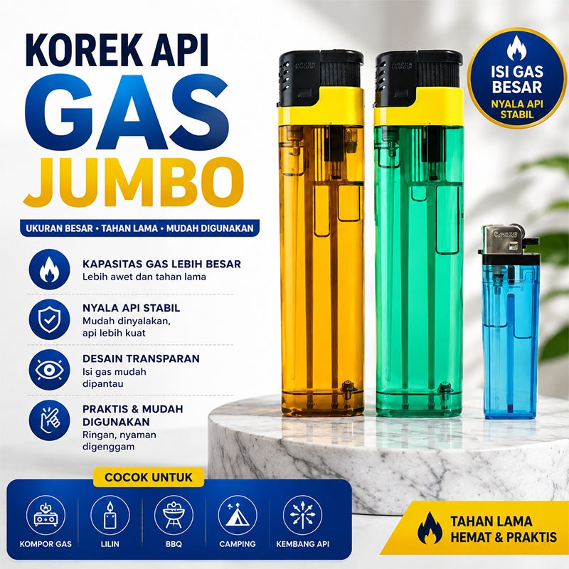 Korek Api Gas Jumbo Bara Api Biru Anti Angin | Korek Api Bara | Korek Api Jumbo Bisa Diisi ulang