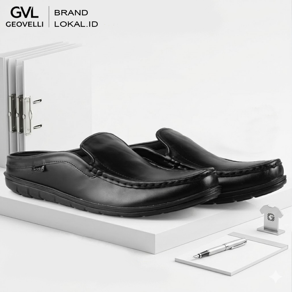 GEOVELLI - Sepatu Selop Pria Hitam Kulit Sandal Bustong Laki laki Sendal Tutong Casual Pansus Ori