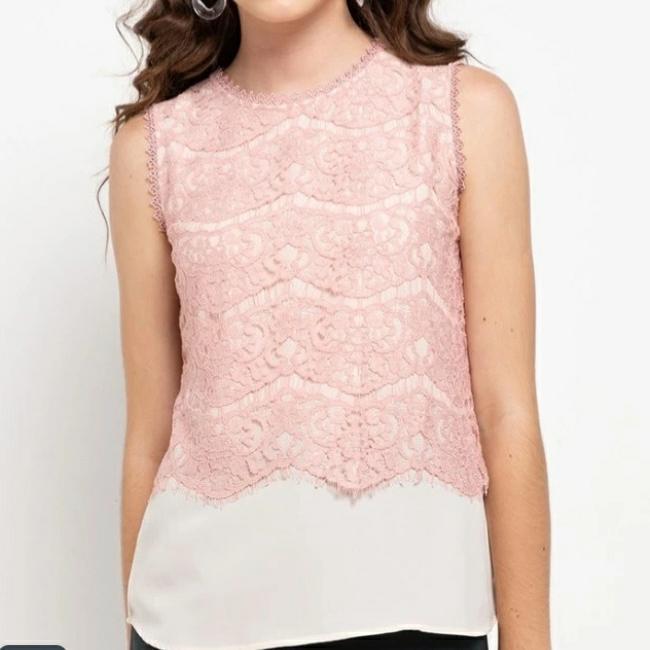 BLUS BLF tanpa lengan branded brukat dusty pink atasan lace blouse sleeveless woman top
