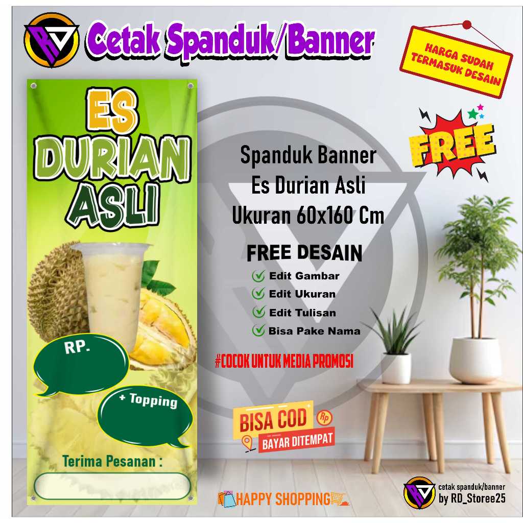Spanduk Banner Es Durian Asli Ukuran 60x160 Cm