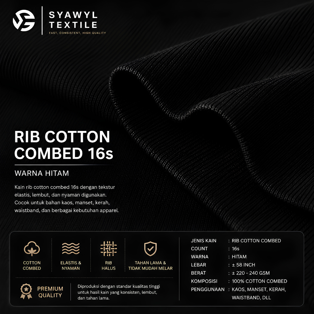 Kain Rib Cotton Combed 16s Heavyweight High Premium Quality | Rib Kaos Cotton Combed 16s