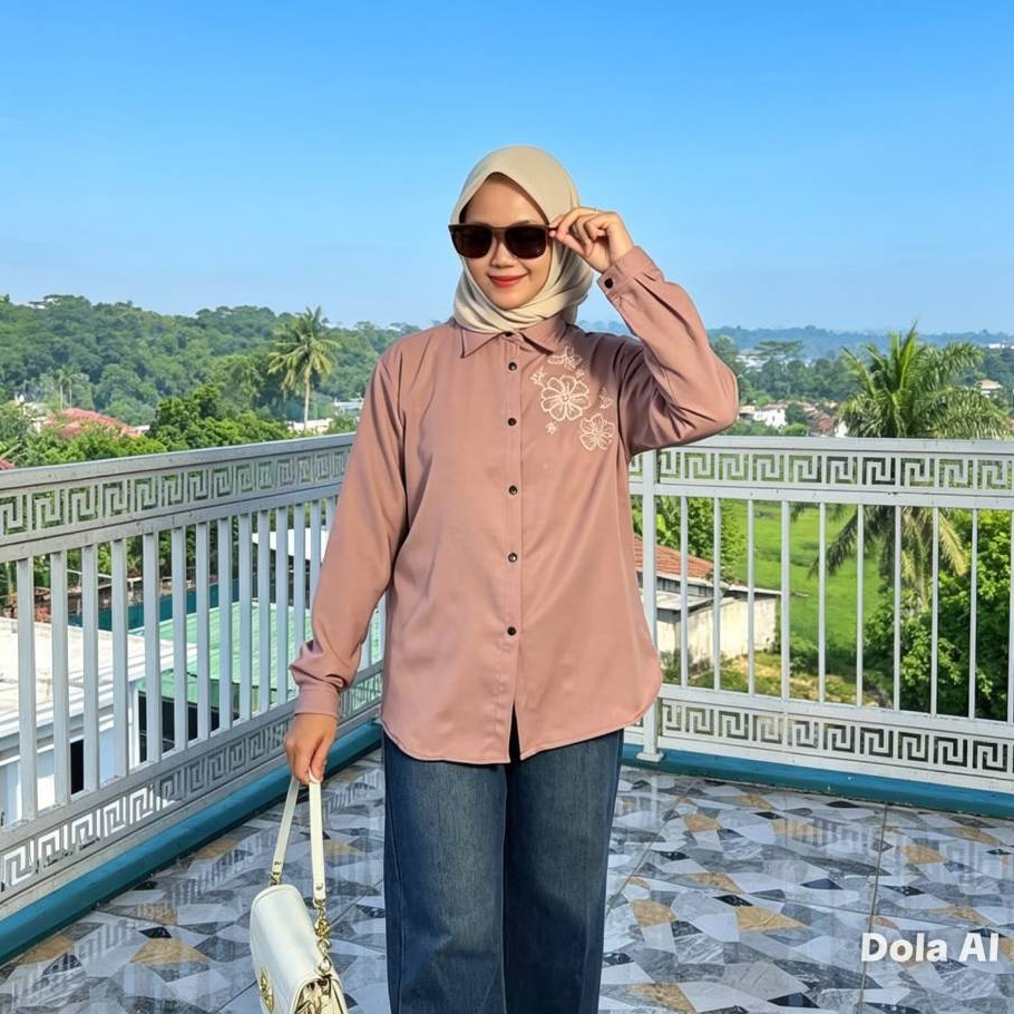 Kemeja Wanita Bordir Bunga Bahan Rainbow Twill Premium