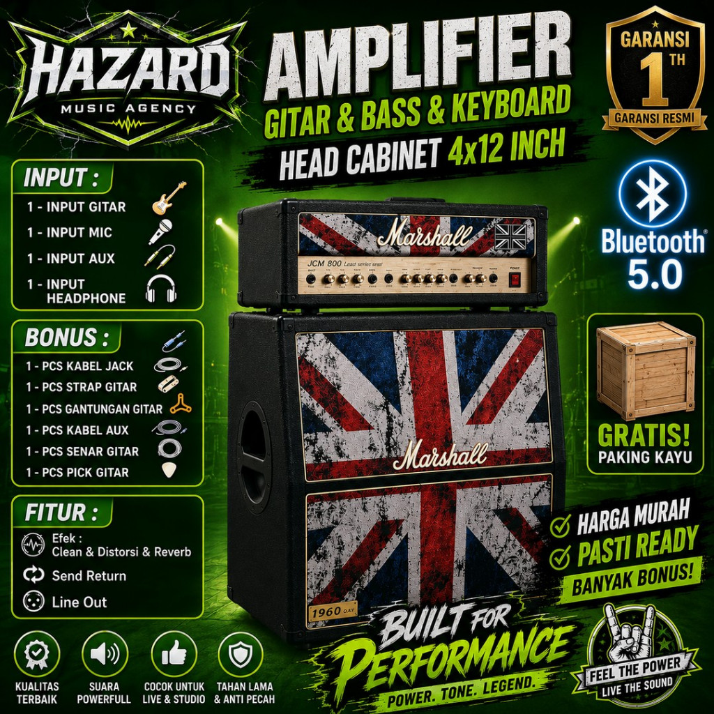 Ampli Gitar & Bass 4x12 Inch Blueooth  3 Input Head Cabinet Marshall bisa untuk karaoke