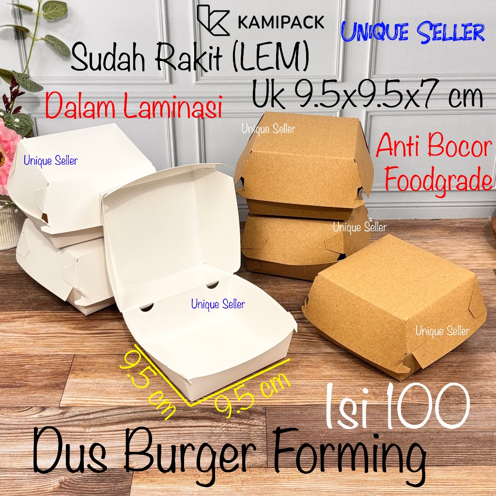 [Isi100] Dus Box Burger Forming (LEM) Uk 9.5x9.5x7 cm Anti Bocor Laminasi KAMIPACK Kraft Coklat Ivor