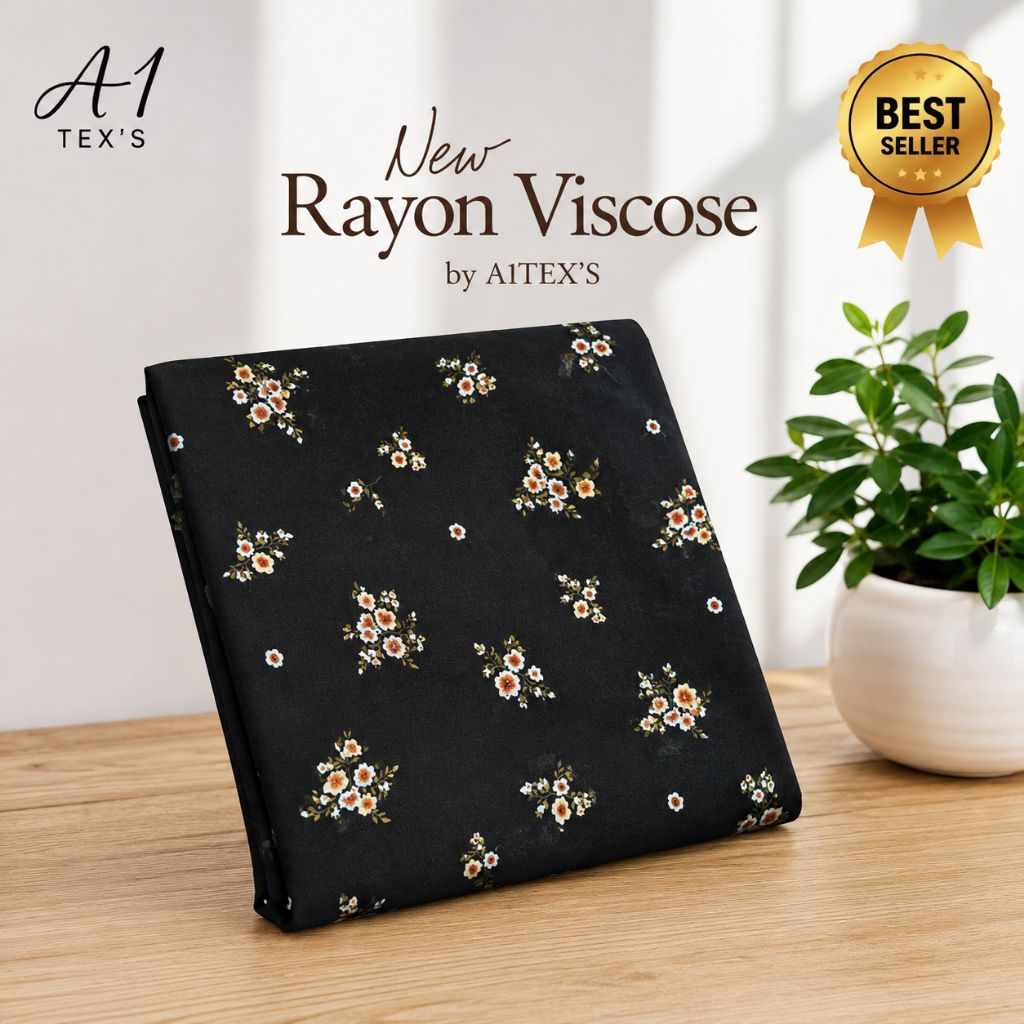 Kain Katun Rayon Viscose Premium - Kain Motif Floral Sakura Hitam Elegant Premium - Kain Motif Bunga