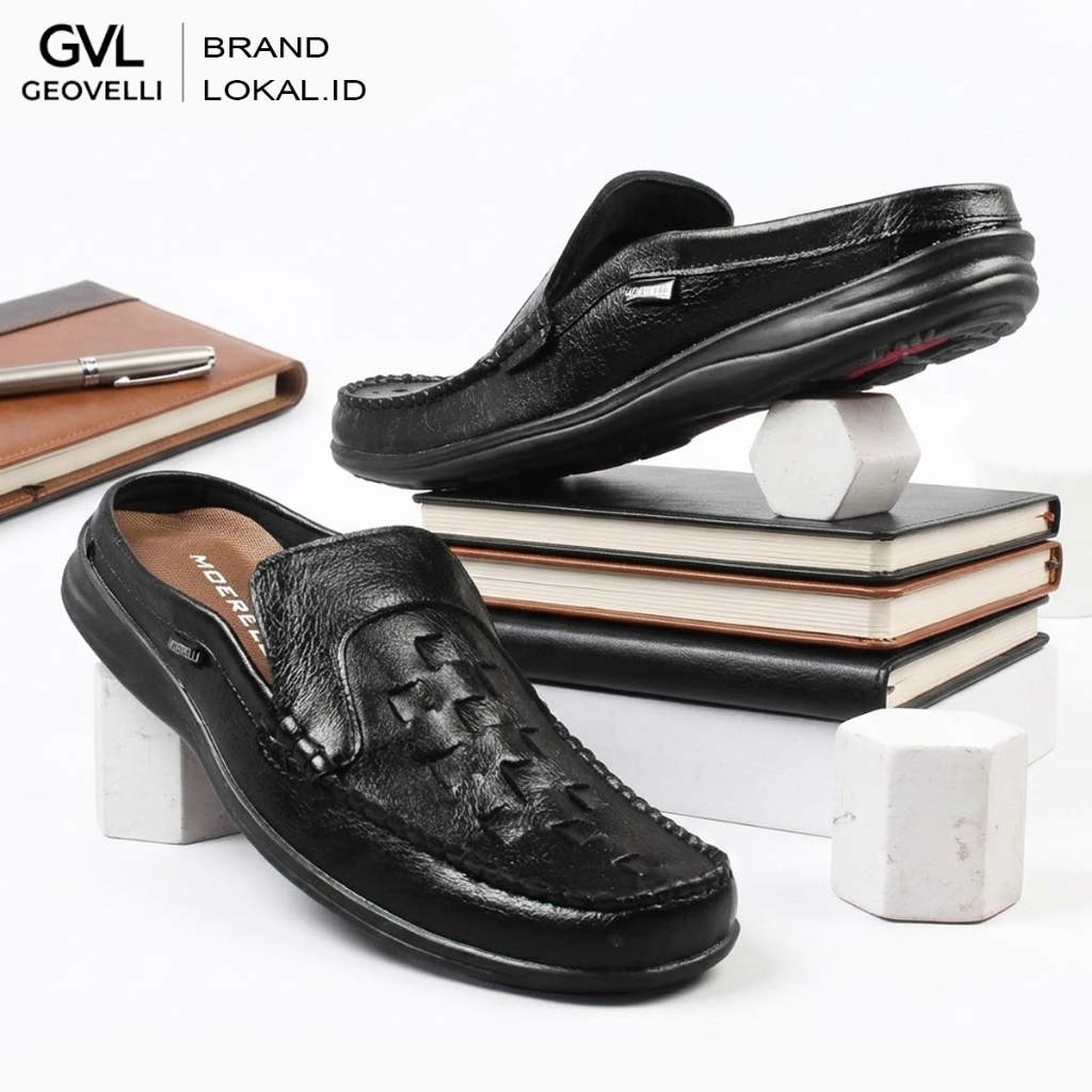 Gvl Geovelli FULL BALCK Sepatu Selop Pria Kulit Sandal Bustong Laki laki Sendal Tutong Casual Pansus