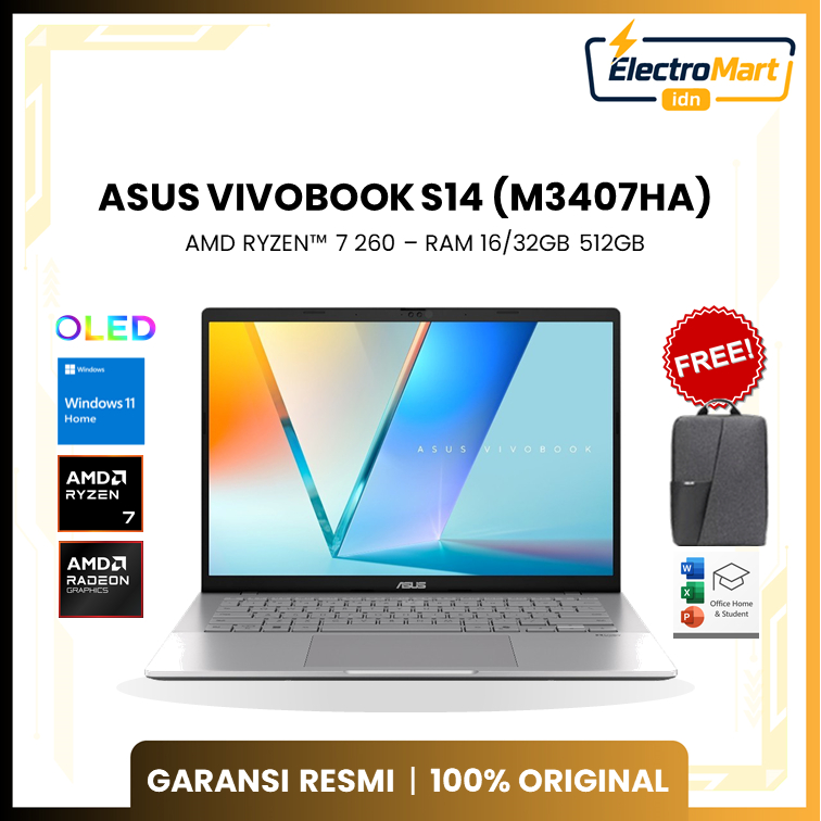 LAPTOP ASUS VIVOBOOK 14 OLED M3407HA AMD RYZEN 7 260 - RAM 16/32GB 512GB WINDOWS 11+OHS 14.0WUXGA - 