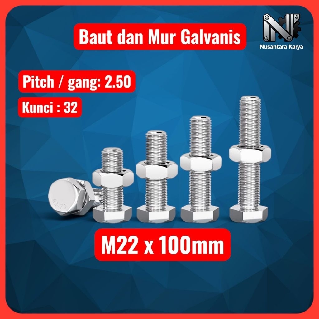 Baut mur Hex putih / Baut Mur Galvanis M22 x 100mm