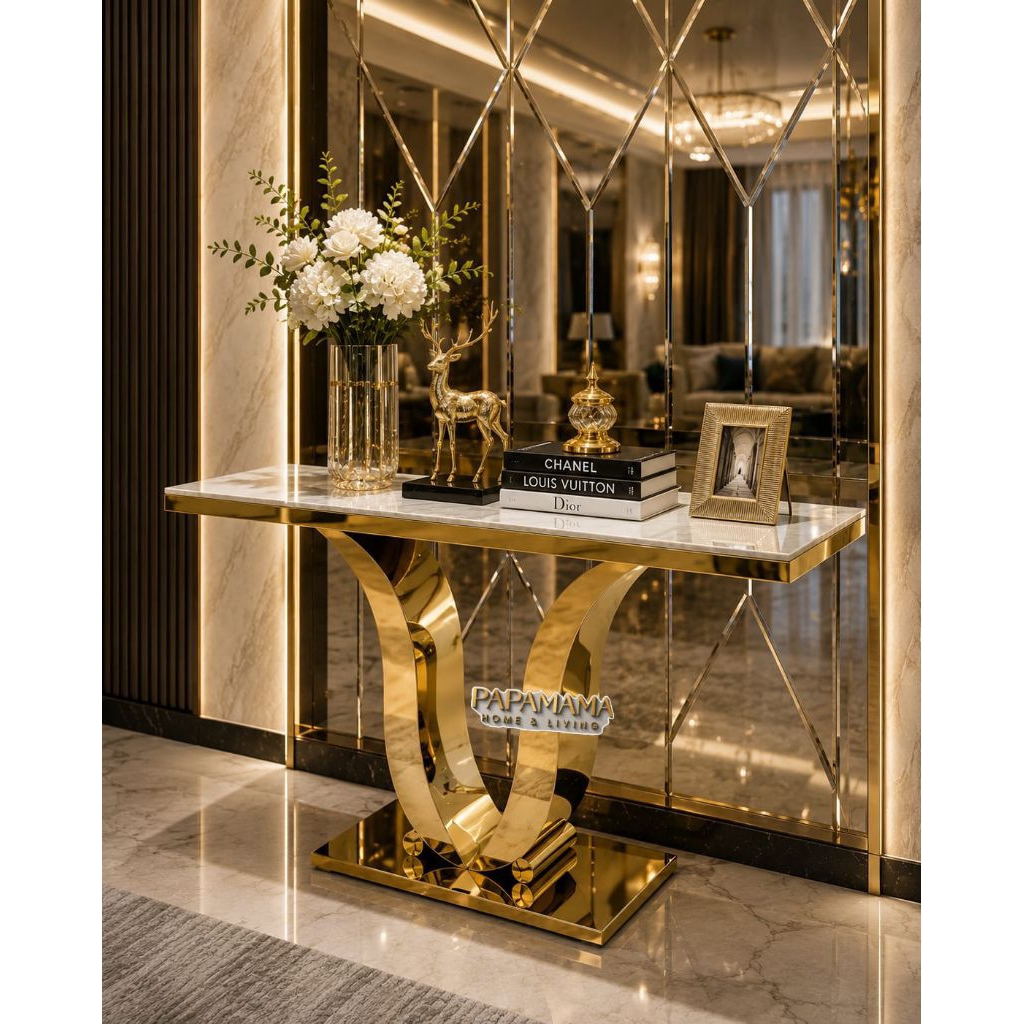 Console Table - Meja Konsol Granit Mewah Gold Stainless Uk.140cm