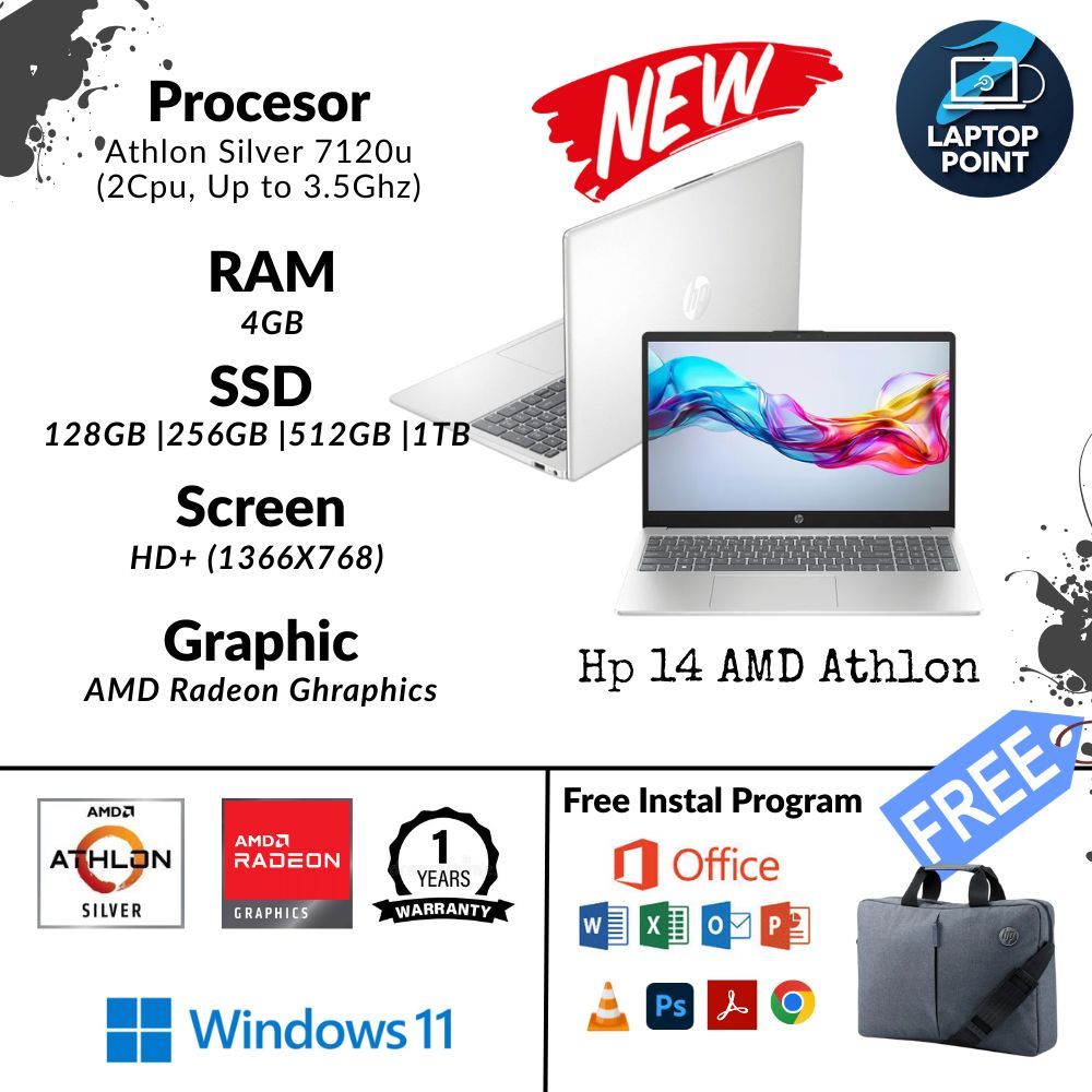 Laptop Baru HP 14 AMD Athlon Silver 4/1TB