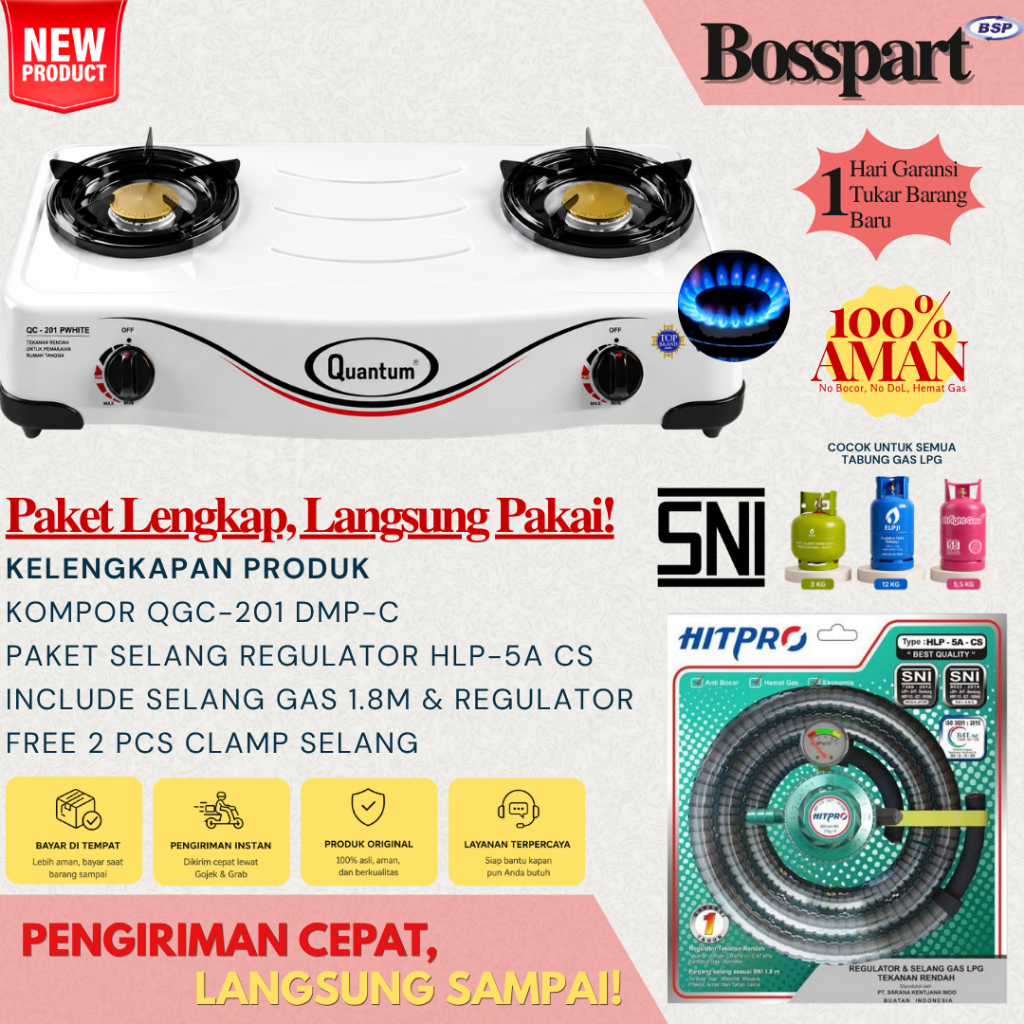 Paket Kompor Gas QUANTUM 2 tungku QGC 201 DMPC bonus Selang Regulator Gas Hitpro / QGC201DMPC