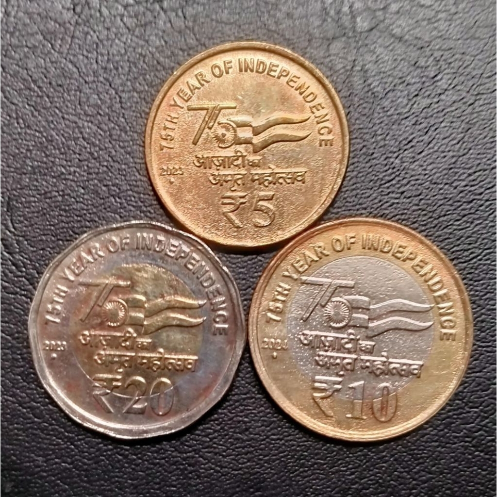 Koin India set 3 Keping 75 tahun kemerdekaan 5-10-20 Rupee