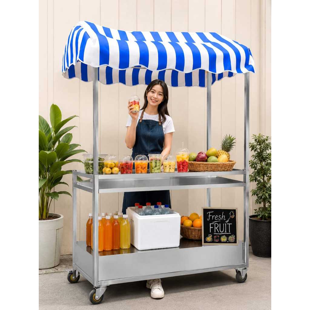 Booth Jualan Portable Lipat Roda Stainless Kanopi | Gerobak Minuman & Makanan | Stand Bazar UMKM Lip
