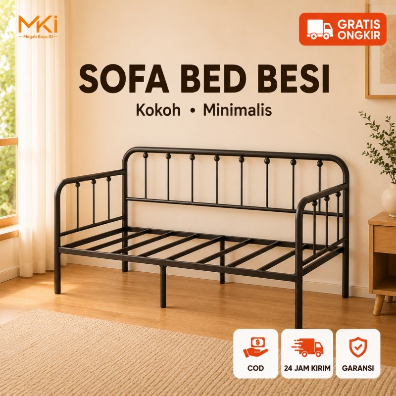 Sofa Daybed Ranjang Sofa Bed Besi Tempa Hitam Desain Minimalis Modern Estetik Kuat Megah