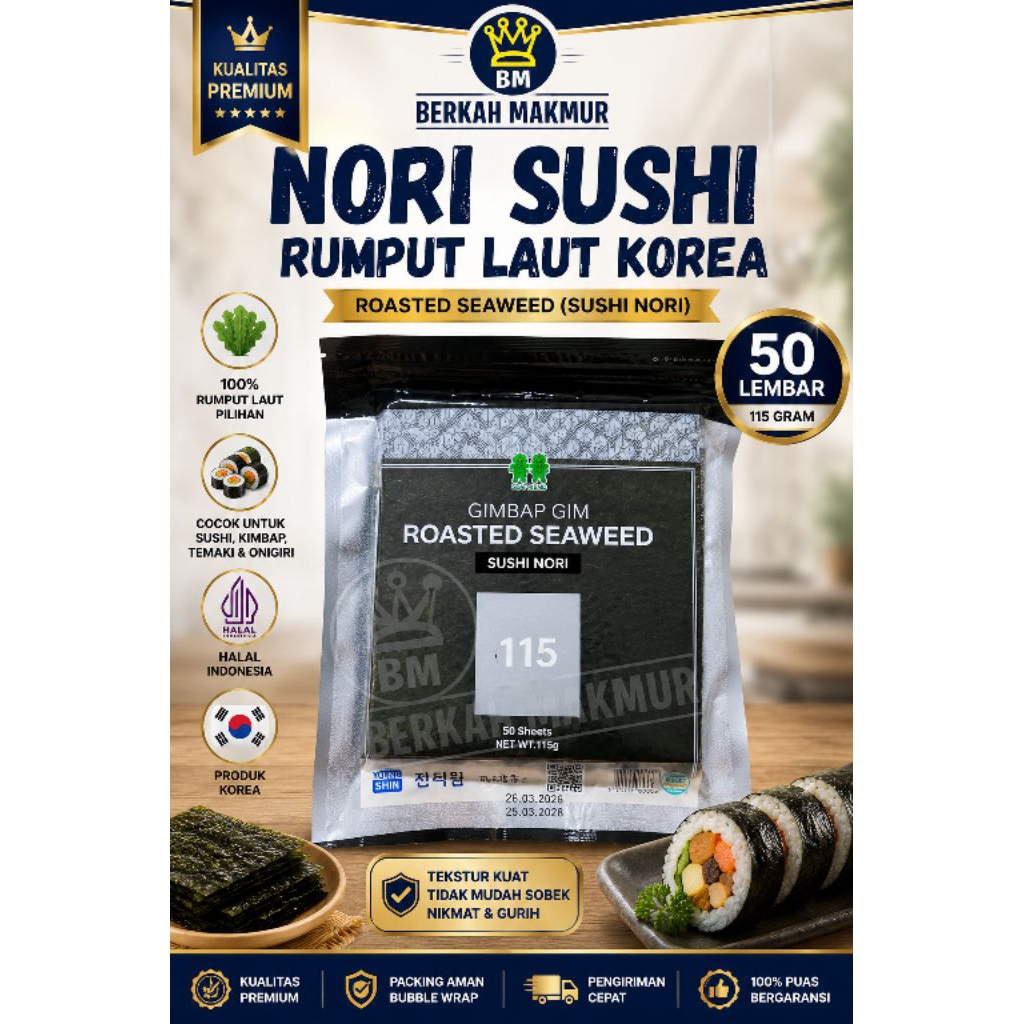 NORI SUSHI RUMPUT LAUT KOREA 115Gr 50 LEMBAR HALAL RUMPUT LAUT PANGGANG