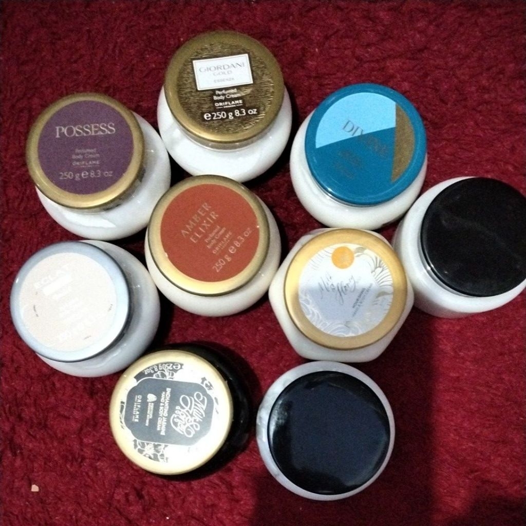 BODY CREAM ECLAT FEMME,AMBER ELIXIR,GG,DIVINE,LOVE POTION NEW,MH NEW,MH GOLD,POSSES, AND POSSES NEW 