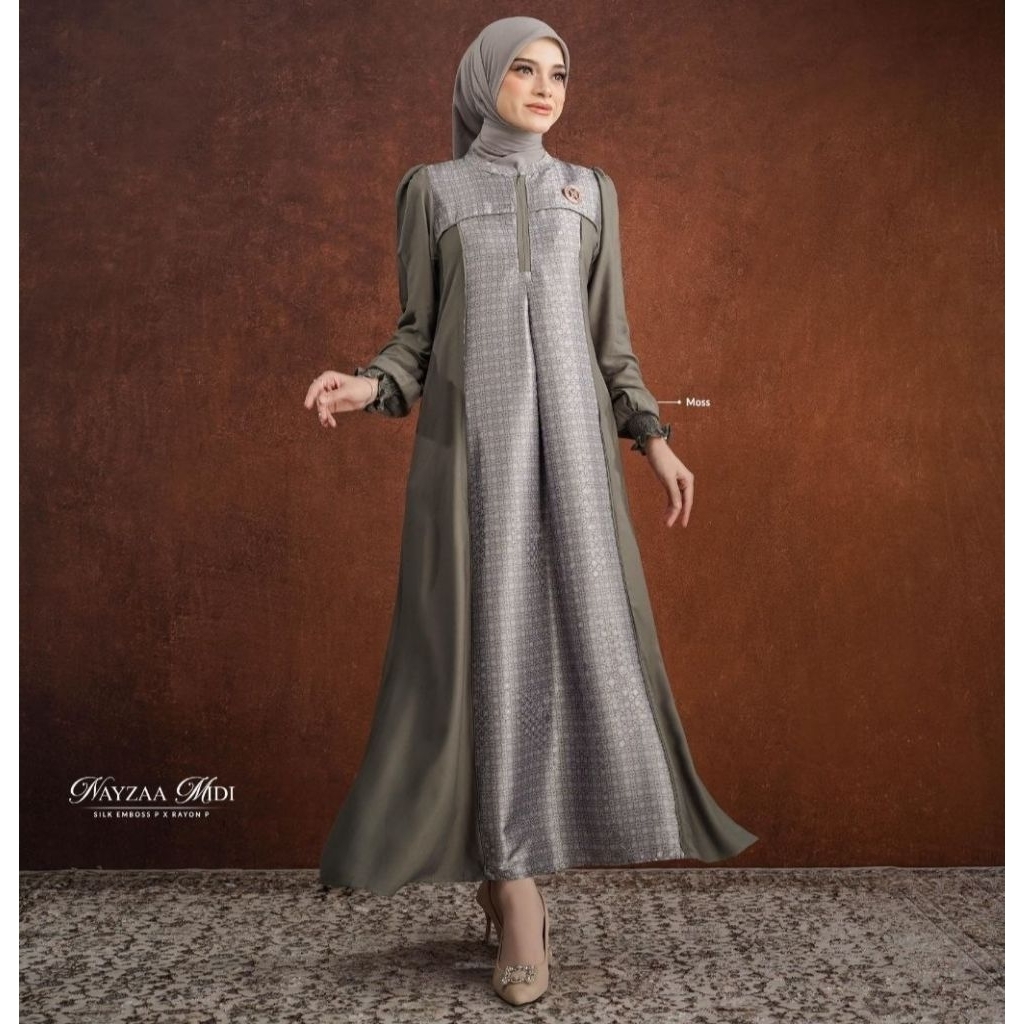 Nayzaa Midi Dress ORI by Nadheera Luxury - Gamis Muslim Rayon Premium X Silk Emboss Premium Busui Fr