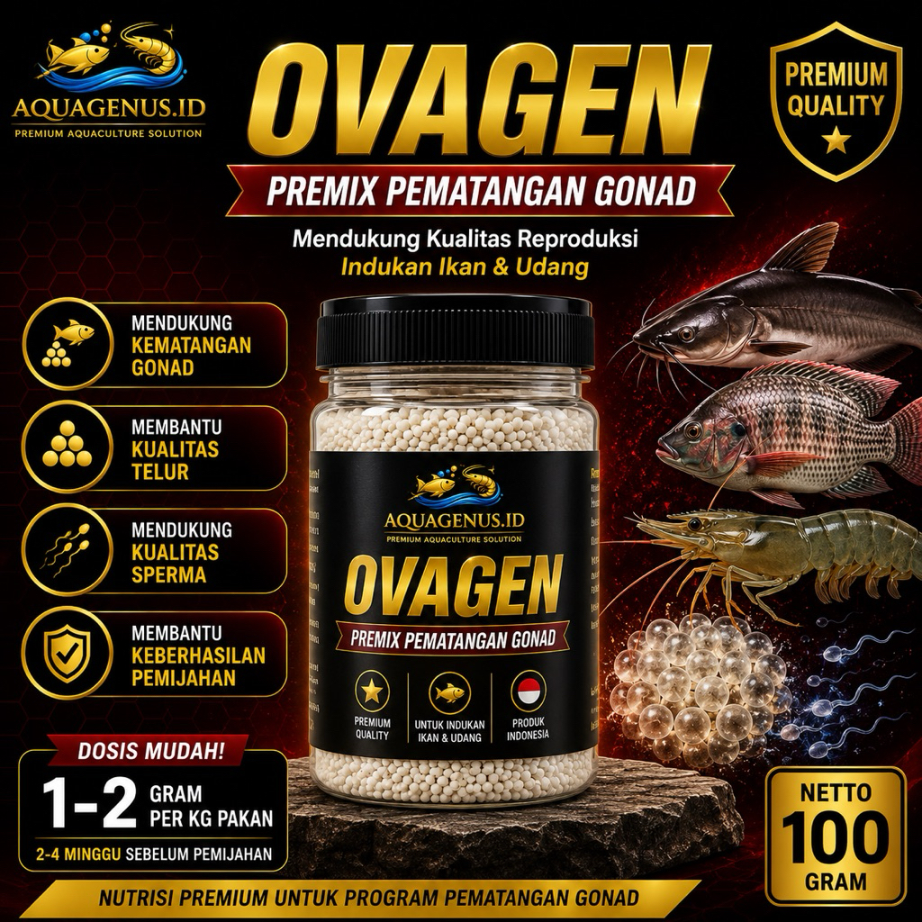 AQUAGENUS - OVAGEN 100 Gram | Premix Pematangan Gonad Ikan & Udang | Suplemen Indukan Ikan & Udang |