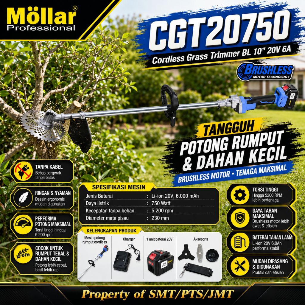 Alat Pemotong Rumput MOLLAR CGT20750 Potong Rumput Baterai Brush Cutter Cordless Grass Trimmer High 