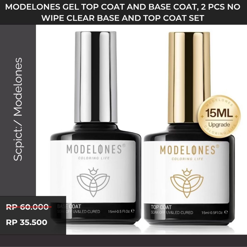 Promo  MODELONES Gel Top Coat and Base Coat, 2 Pcs No Wipe Clear Base and Top Coat Set for Gel Nail 