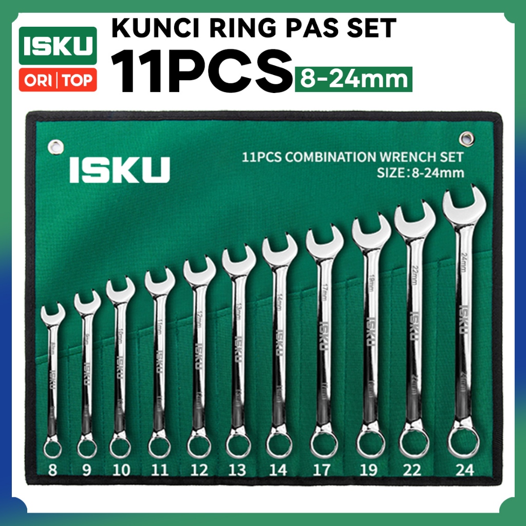 ISKU Kunci Ring Pas Set 11pcs 8-24mm Kunci pas Lengkap Kunci Pas Ring Kombinasi Set Chrome Vanadium 